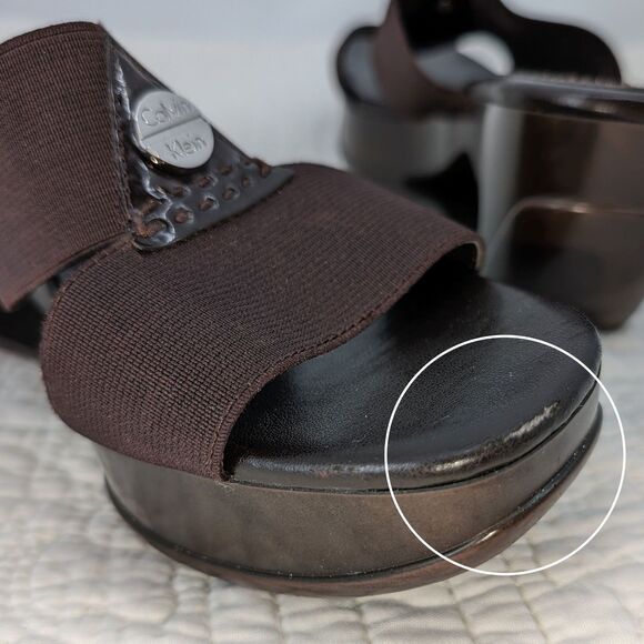 Vintage 1990s y2k Calvin Klein Leather Sandals Brown Logo Wedge Size 7 - Picture 8 of 12